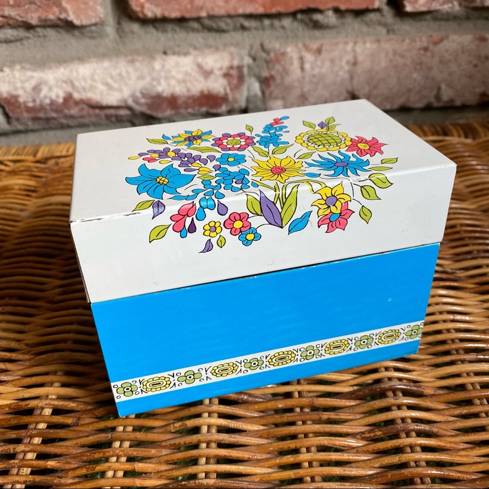 Recipe Storage Box Vintage Floral Metal Boho
